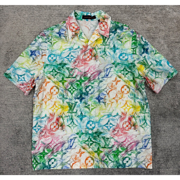 Louis Vuitton Pastel Multicolor Monogram Logo Short Sleeve Button Down Shirt L - Picture 2 of 13
